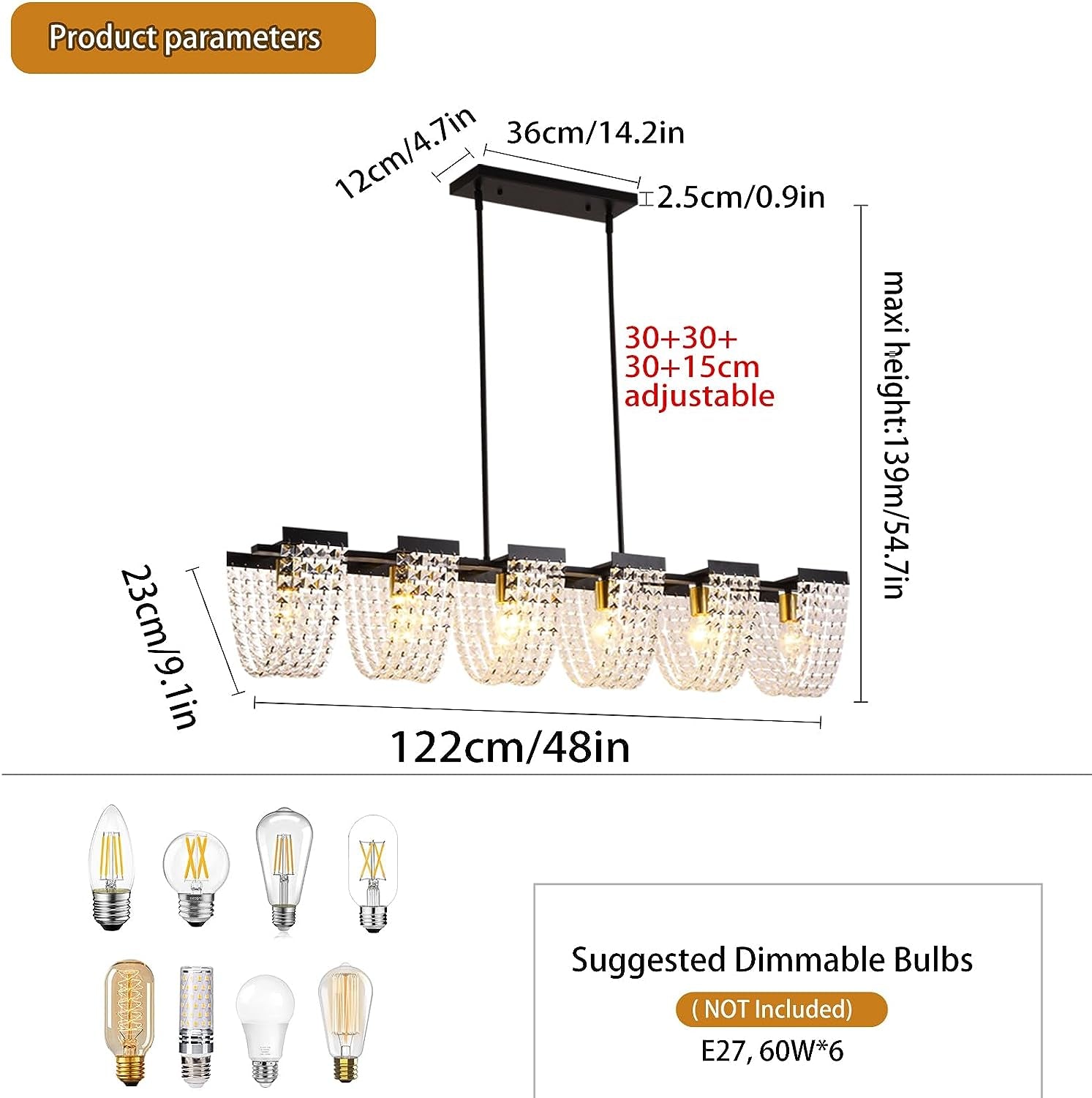 6-Light Kitchen Island Lighting Farmhouse Black Dining Room Chandelier Vintage Adjustable Linear Pendant Light Fixture with Metal&Crystal Finish (48" Length, E27 Bulbs)