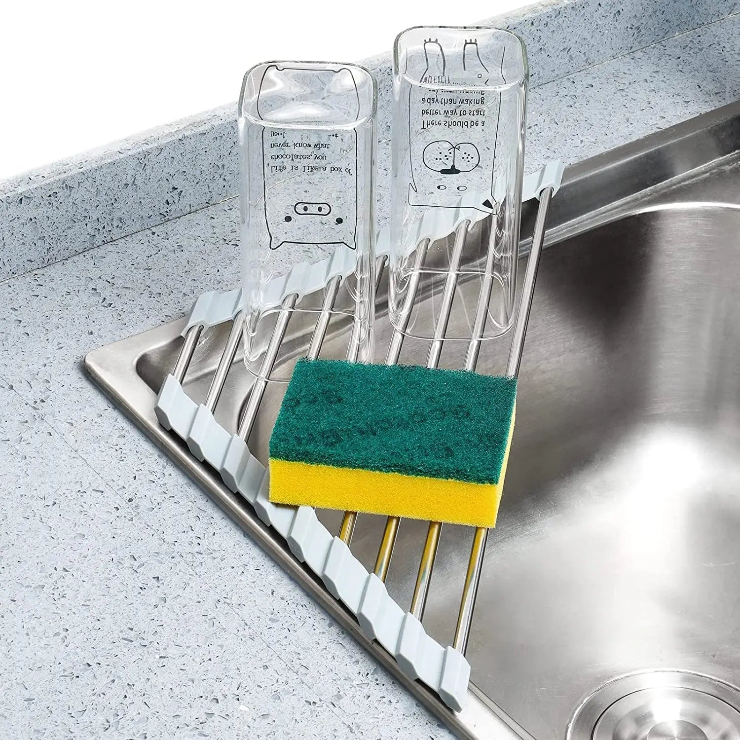 Triangle Roll-Up Dish Drying Rack for Sink Corner Small Foldable Stainless Steel over the Sink Multipurpose Kitchen Drainer Caddy Organizer Storage Space Saver Shelf Holder (Gray)