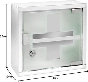 Medicine Cabinet with Lock, Wall Mounted Bathroom Storage, Hanging Medical Cabinet, First Aid Wall Cabinet with Safety Glass Door, Modern, Small, 9.8 X 9.8 X 4.7 In, Silver Shiny