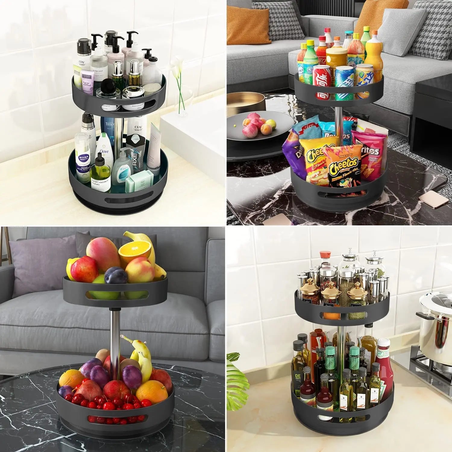 2 Tier Lazy Susan 360° Turntable Kitchen Spice Storage Organizer Rack, Height Adjustable Rotating Tray for Kitchen Cabinet Pantry Bathroom, Condiments Storage Rack