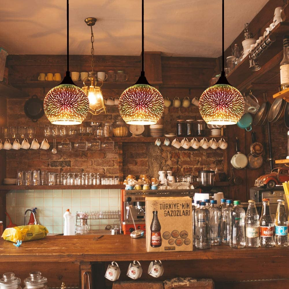a Set of 3 Modern Glass Pendant Lights,Colourfull 3D Firework Lamp,Suitable for Island Living Room,Kitchen,Dining Room Etc