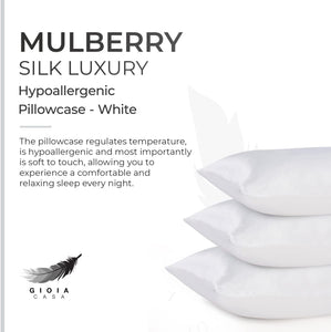 Luxury Pillowcase - 100% Pure Mulberry Silk on Both Sides - Soft anti Wrinkle, Hypoallergenic, Washable Bed Pillowcases - Premium Pillow Cover That Protects Your Hair and Skin - White