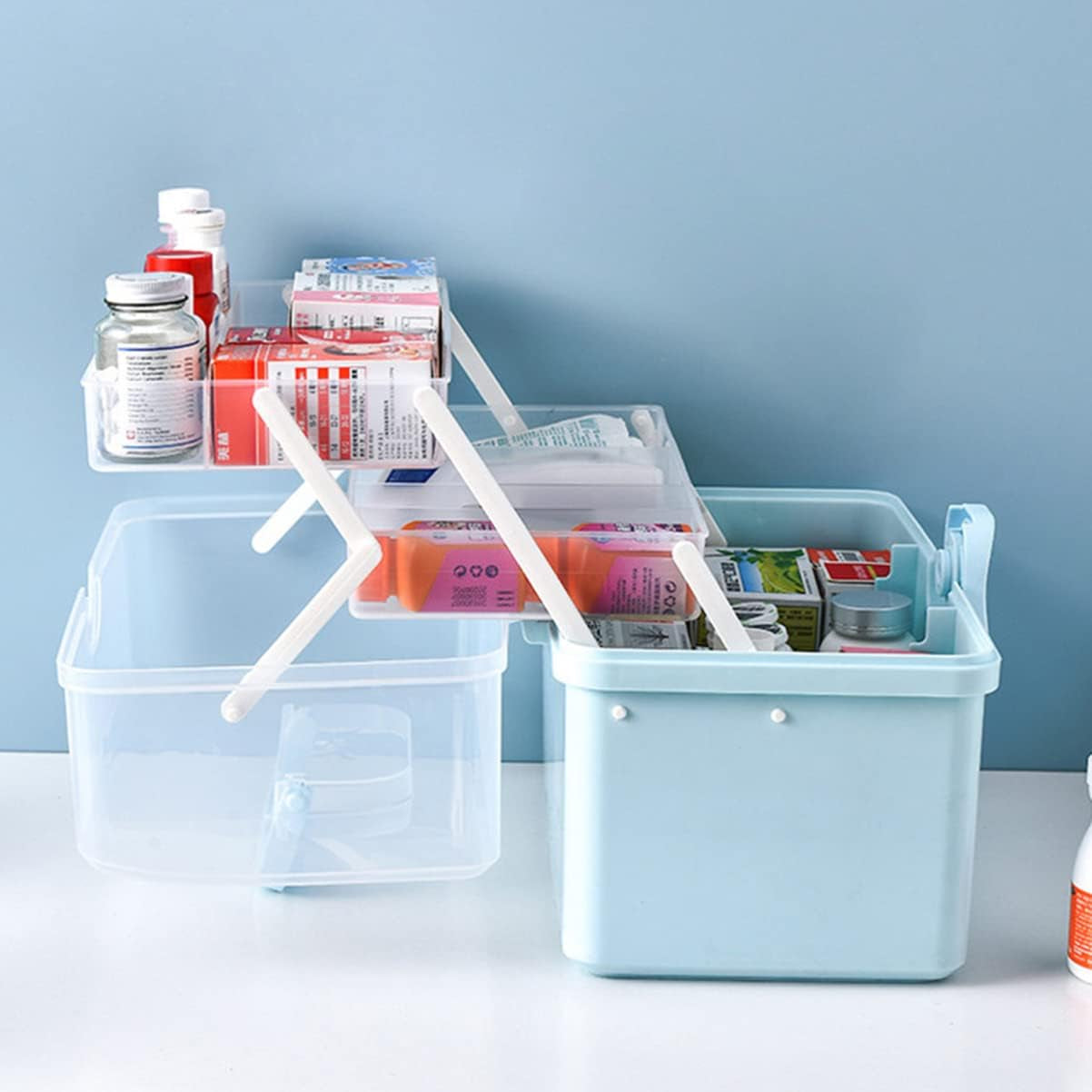 Household Medical Kit Portable Medicine Box Storage Locked Organizer Fold Organiser Blue 34X21.5CM