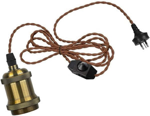 Lighting Light Bulb Socket Lamp Holder Base to AU Plug-In Power Cable Adapter，Single Vintage Edison Socket Plug in Pendant Light Kit Cord with Dimmer Switch and 15FT Twisted Brown Cloth Bulb Cord Hanging Light Fixture
