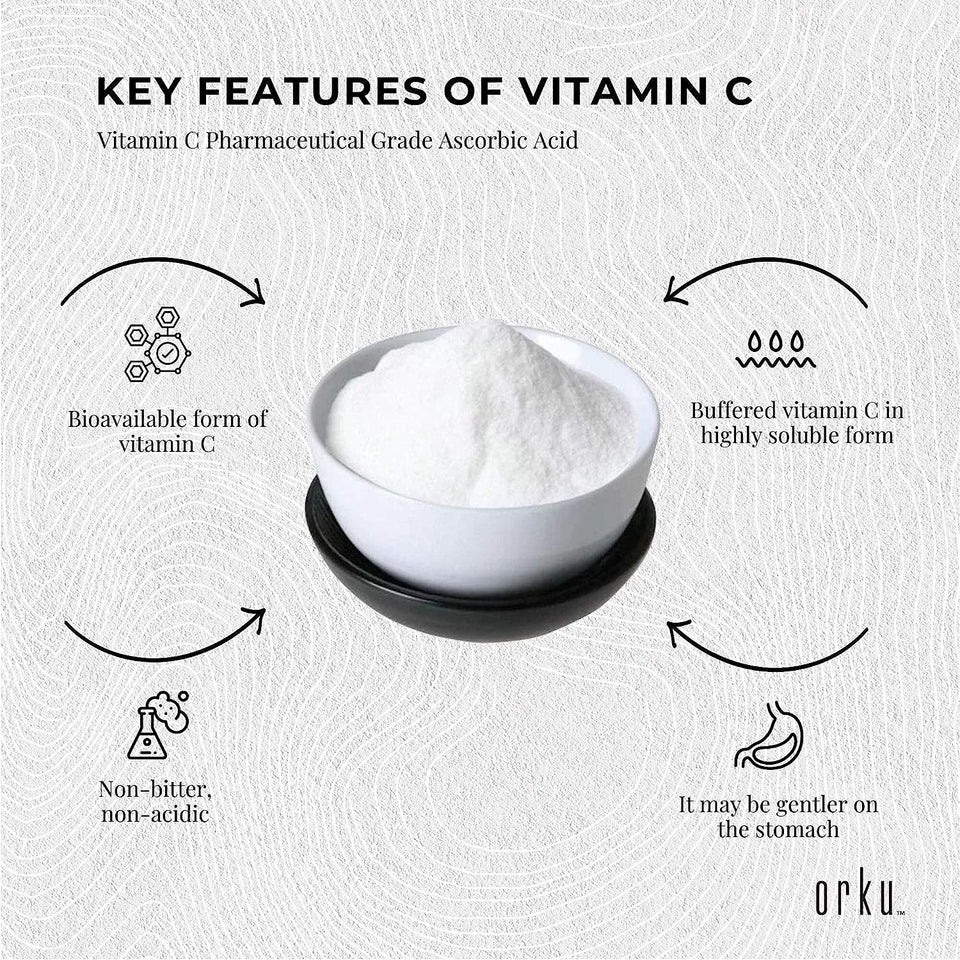 ORKU 400G Sodium Ascorbate Powder - Vitamin C Buffered Pharmaceutical Ascorbic Acid | Immune Vitamins for Immune System Booster and Strong Antioxidant for Making Serum or Adding to Smoothie and Drinks