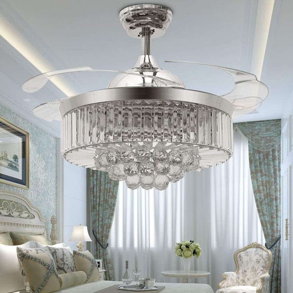 Reversible Retractable Ceiling Fans with LED Light and Remote, 42 Inch Invisible Ceiling Fan Chandelier with 4 Clear ABS Blades, Bedroom Fandelier Indoor Crystal Ceiling Light Kits with Fans (Chrome)