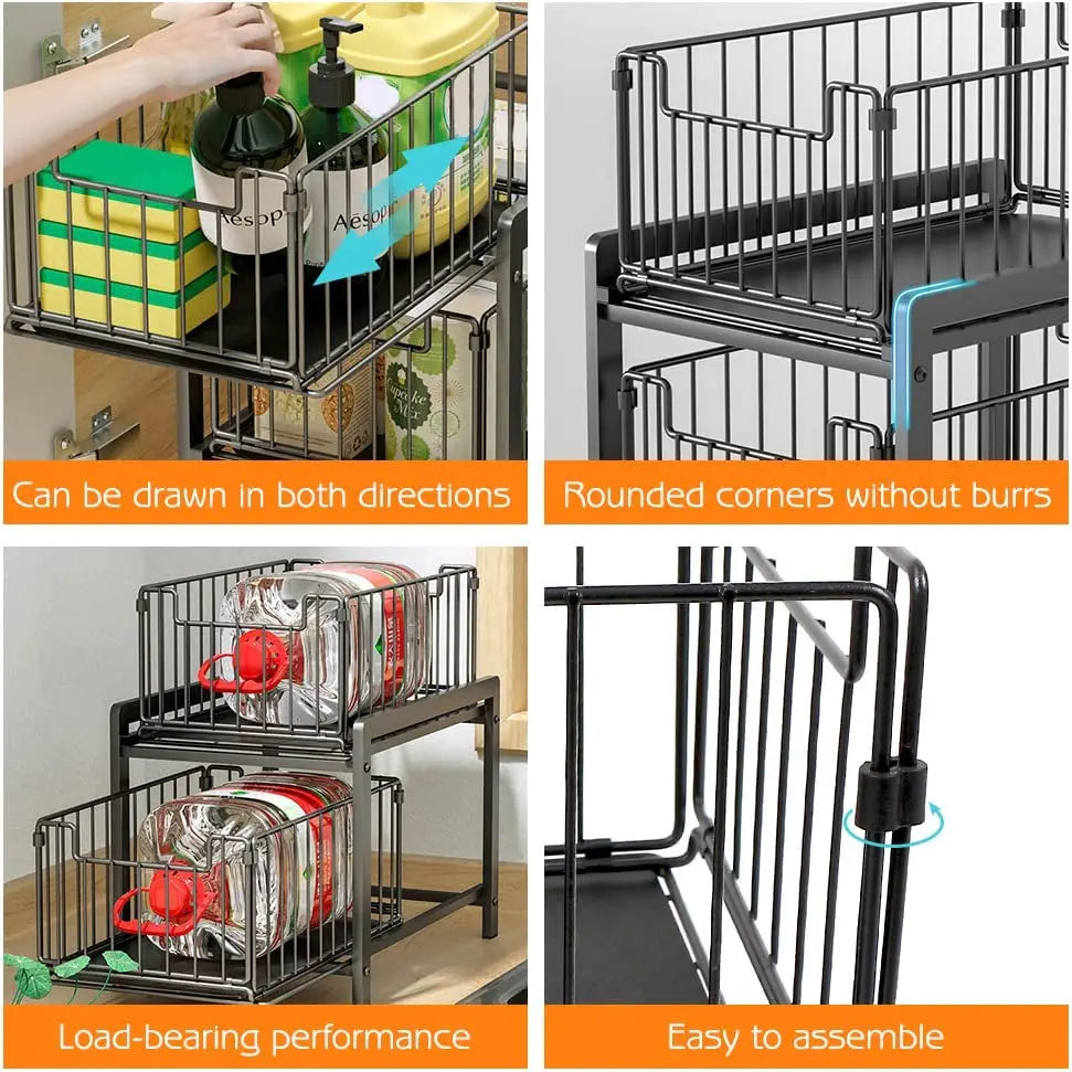 Under Sink Storage 2 Tier Stackable Sliding Basket Organizer Drawer Pull Out Drawer Sliding Basket for Kitchen and Bathroom/Cabinet Drawers,Black