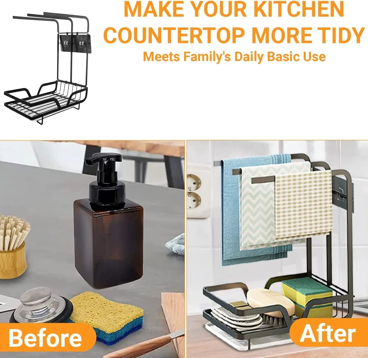 Kitchen Sink Caddy Organiser with Removal Drainage Tray, Metal Countertop Sponge & Soap Holder, Dishcloth Towel Hanger- Free Standing or Wall-Mounted (Black)