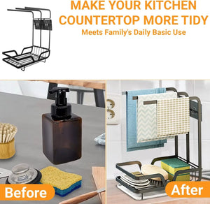 Kitchen Sink Caddy Organiser with Removal Drainage Tray, Metal Countertop Sponge & Soap Holder, Dishcloth Towel Hanger- Free Standing or Wall-Mounted (Black)