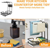 Kitchen Sink Caddy Organiser with Removal Drainage Tray, Metal Countertop Sponge & Soap Holder, Dishcloth Towel Hanger- Free Standing or Wall-Mounted (Black)