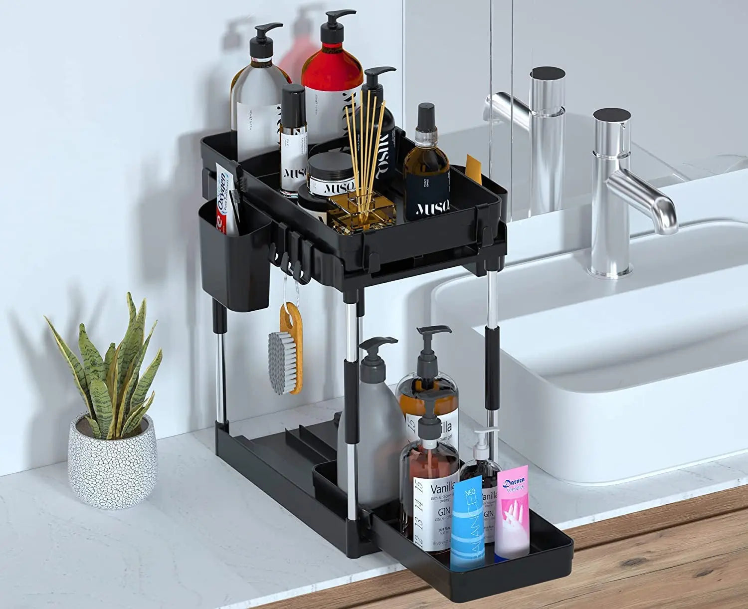 Double Sliding under Sink Organizers and Storage - 2 Tier Pull Out under Kitchen Cabinet Organizer W 4 Hanging Cup,8 Hooks,4 Dividers, under Counter Sink Organization for Bathroom, Adjustable H and W
