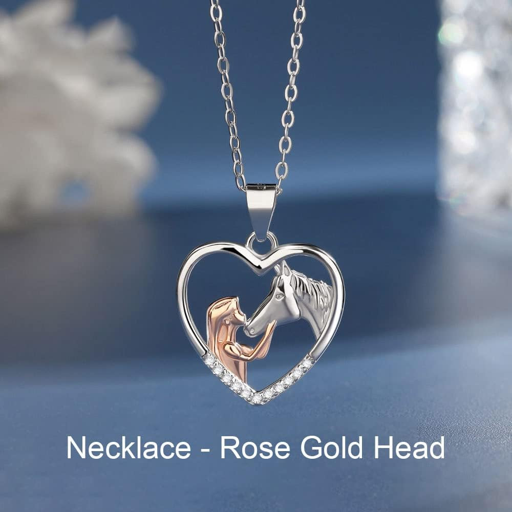 Girl and Horse Pendant Necklace for Women Horse Lover Birthday Christmas Gifts for Daughter Granddaughter Rose Gold Heart Rhinestone Necklaces for Girls