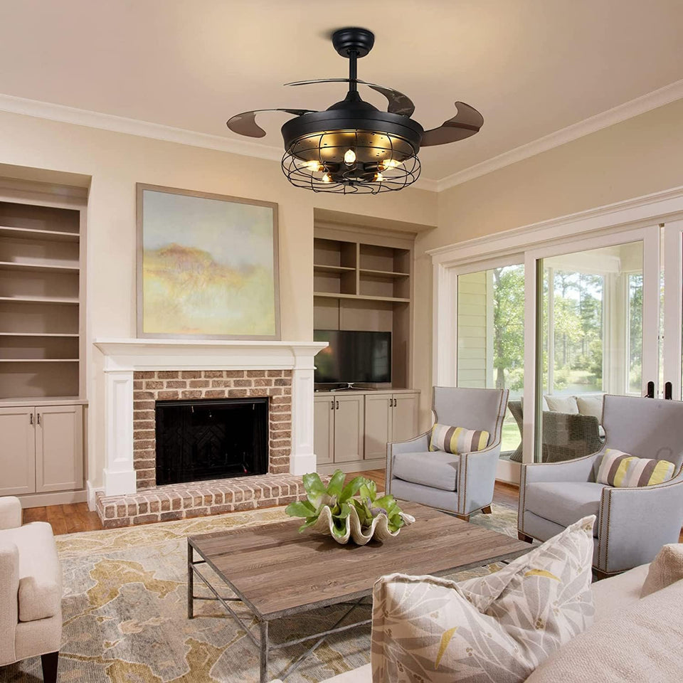5-Light Ceiling Fan with Remote, 106CM Retractable Blades Industrial Ceiling Fans with Lights, Vintage Chandelier Fans with Lamp for Kitchen, Dining Room, Living Room, Bulbs Not Included
