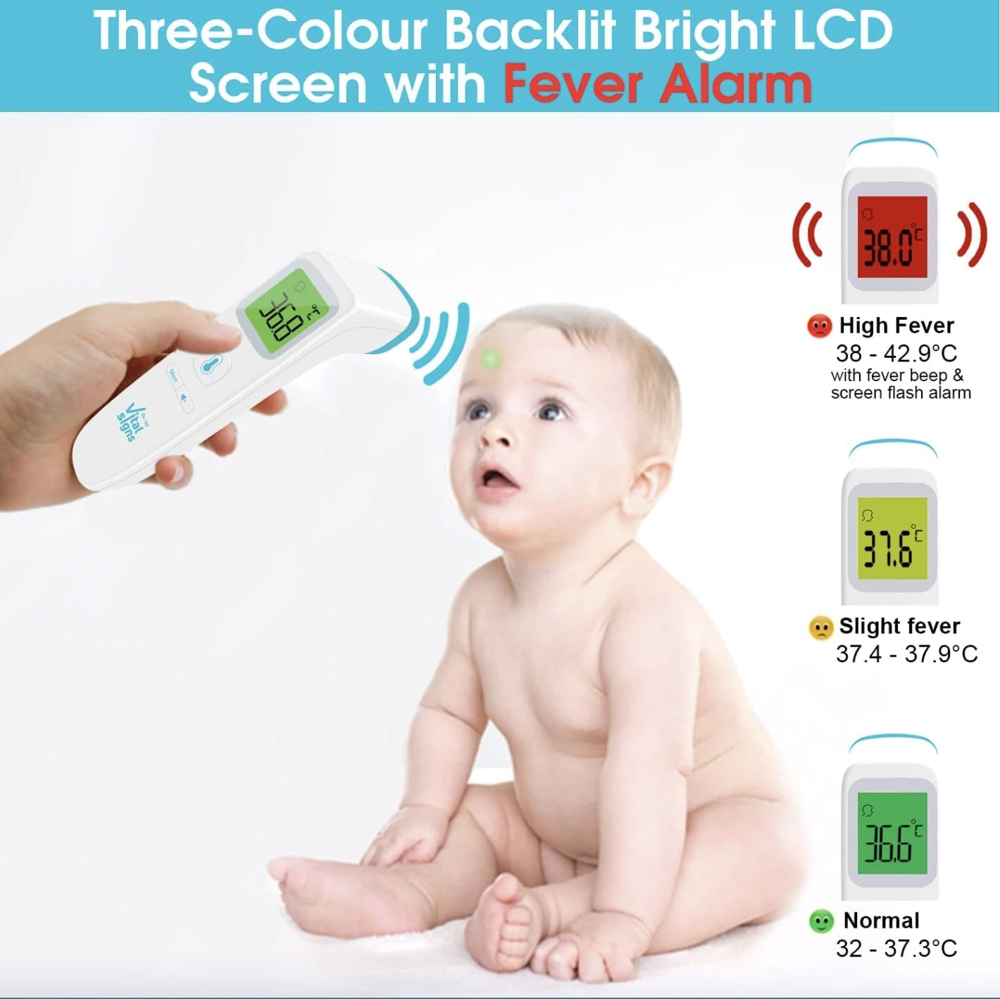 Digital Forehead/Body Temperature Non-Contact Baby Thermometer with Infrared Sensors, Also for Kids and Adults, Food/Drinks/Room Readings, Personal Fever Check Alarm, Silent Mode, LED Screen 3 Colours