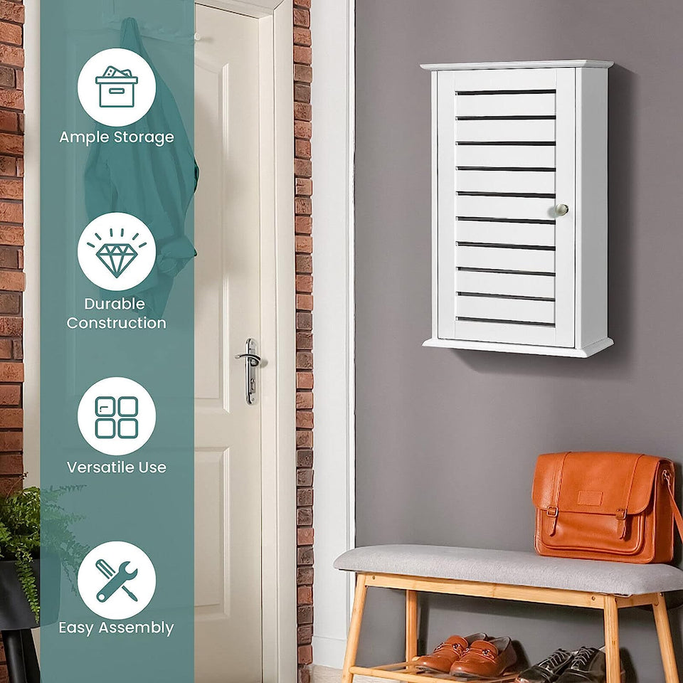 Wall Mounted Bathroom Cabinet, Wooden Medicine Cabinet with 2 Adjustable Shelves, Versatile Hanging Cupboard with Reversible Door for Living Room, Kitchen, Entryway, White