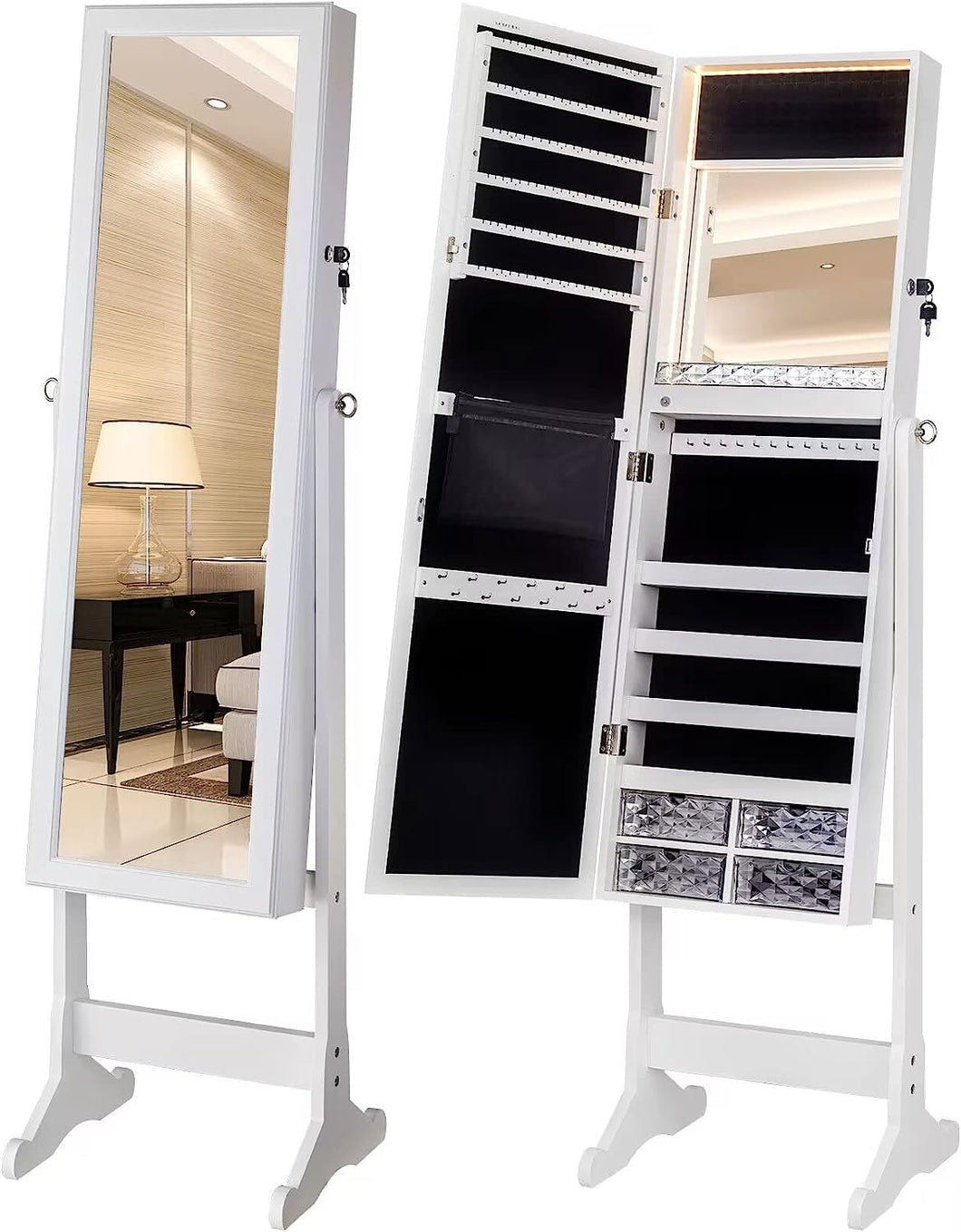 LED Light Jewelry Cabinet Armoire, Standing Mirror Makeup Lockable Large Storage Organizer W/Drawers (White)