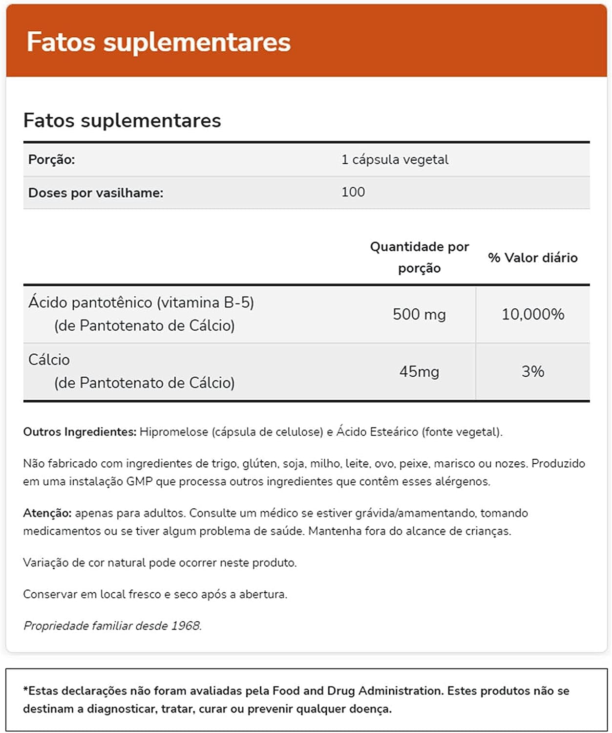 Foods Pantothenic Acid, 500 Mg, 100 Caps