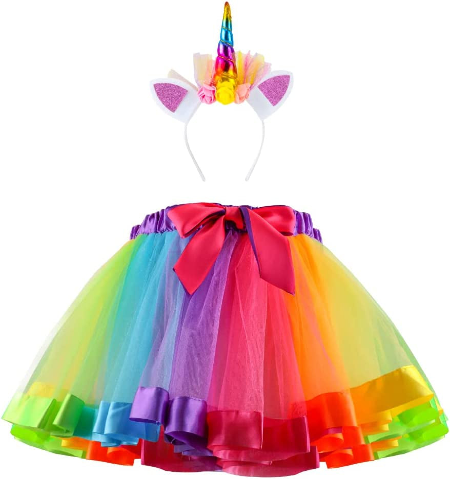 Girl Tutu Skirt, Rainbow Tulle Dress up with Unicorn Headband Baby Girls Ballet Costume for Birthday Party Photography Halloween Children'S Day Outfit for 2-8 Years Kids