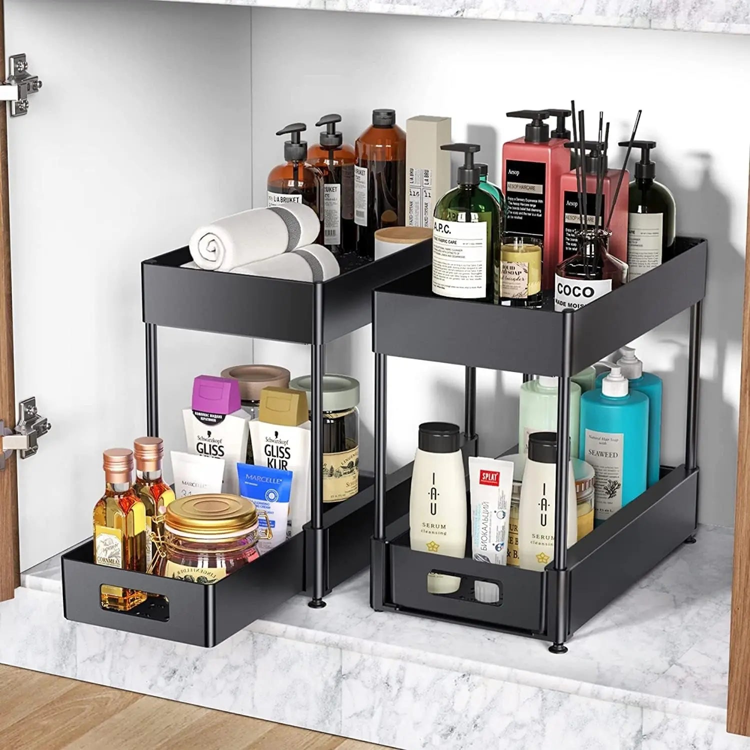 under Sink Organizers and Storage Pull Out Sliding Drawers,2 Tier Under-Sink Organizers with Sliding Drawer with 4 Hooks,Under Sliding Cabinet Basket Organizer Holder for Bathroom Kitchen