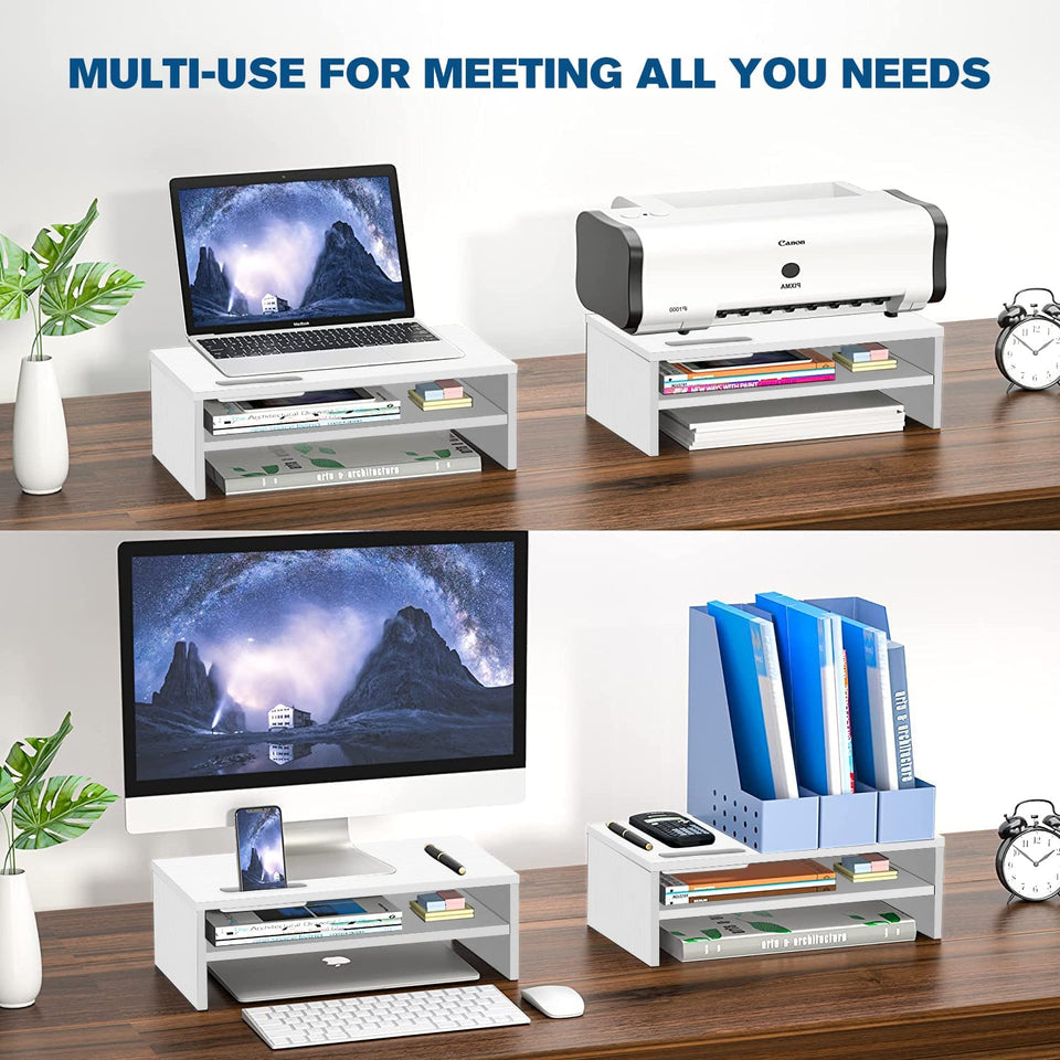 Monitor Stand,2-Tier Wood Computer Stand Riser,Monitor Stand Riser with Cellphone Holder,Desktop Stand Laptop Desk Riser,Ergonomic Desk Shelf Stand Organizer for Monitor/Printer/Laptops(White)