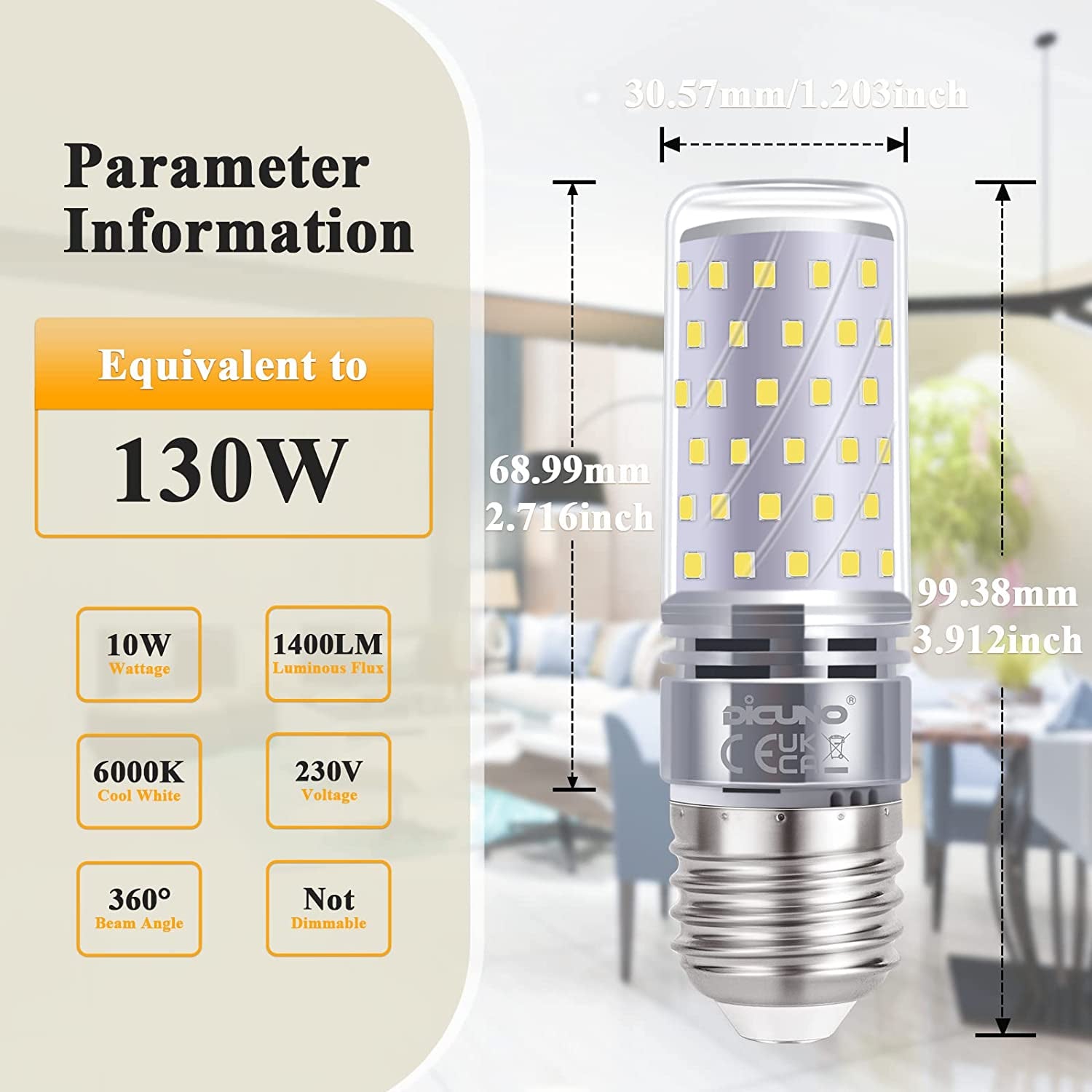 E27 LED Bulb 10W, E27 ES Edison Screw Light Bulbs, Daylight White 6000K, 130W Incandescent Equivalent, 1400LM Non-Dimmable Corn Light Bulbs for Home Lighting, 230V, Pack of 2