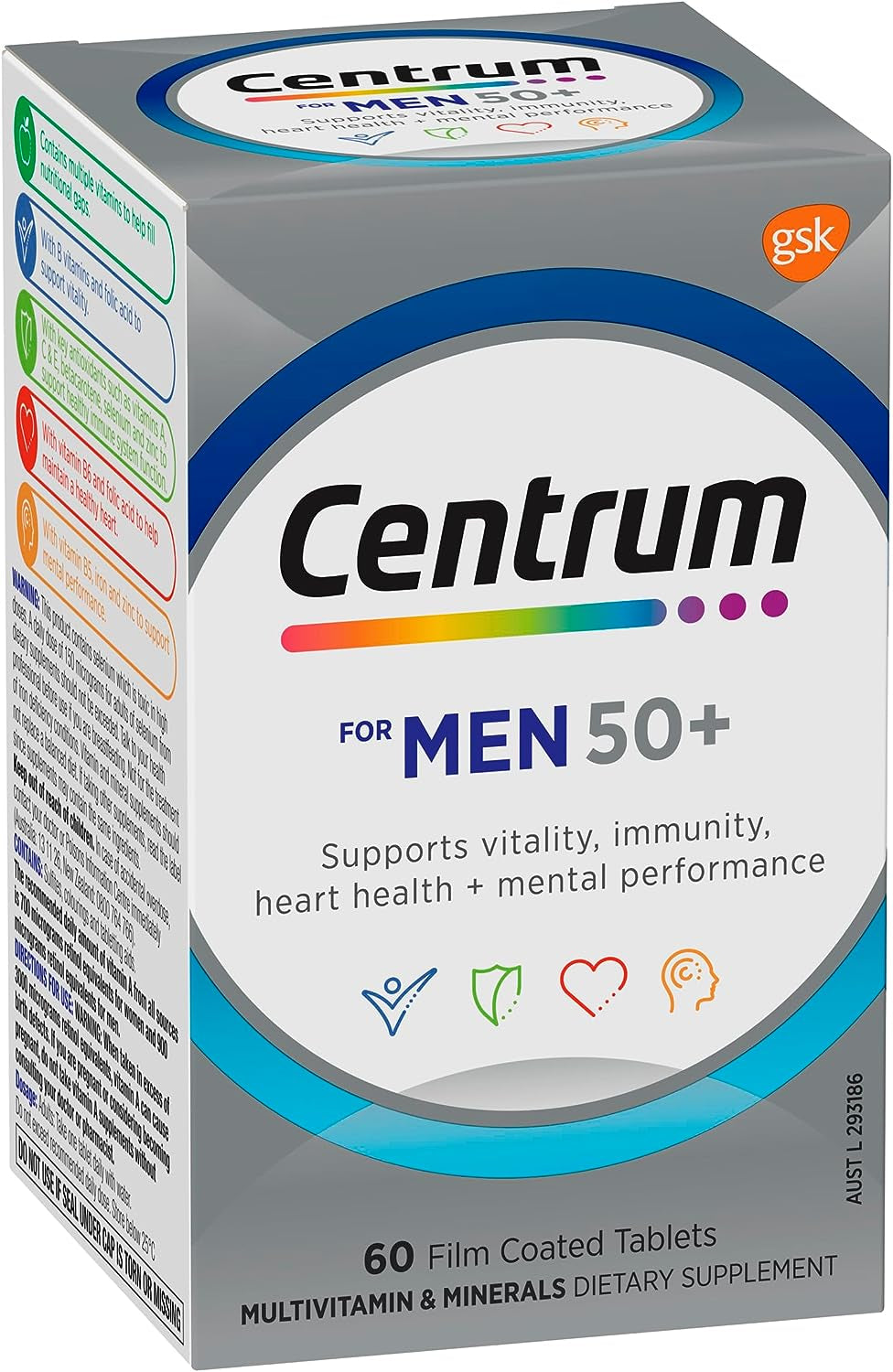 for Men 50+, Multivitamin with Vitamins & Minerals to Support Vitality, Immunity, Heart Health & Mental Performance, 60 Tablets