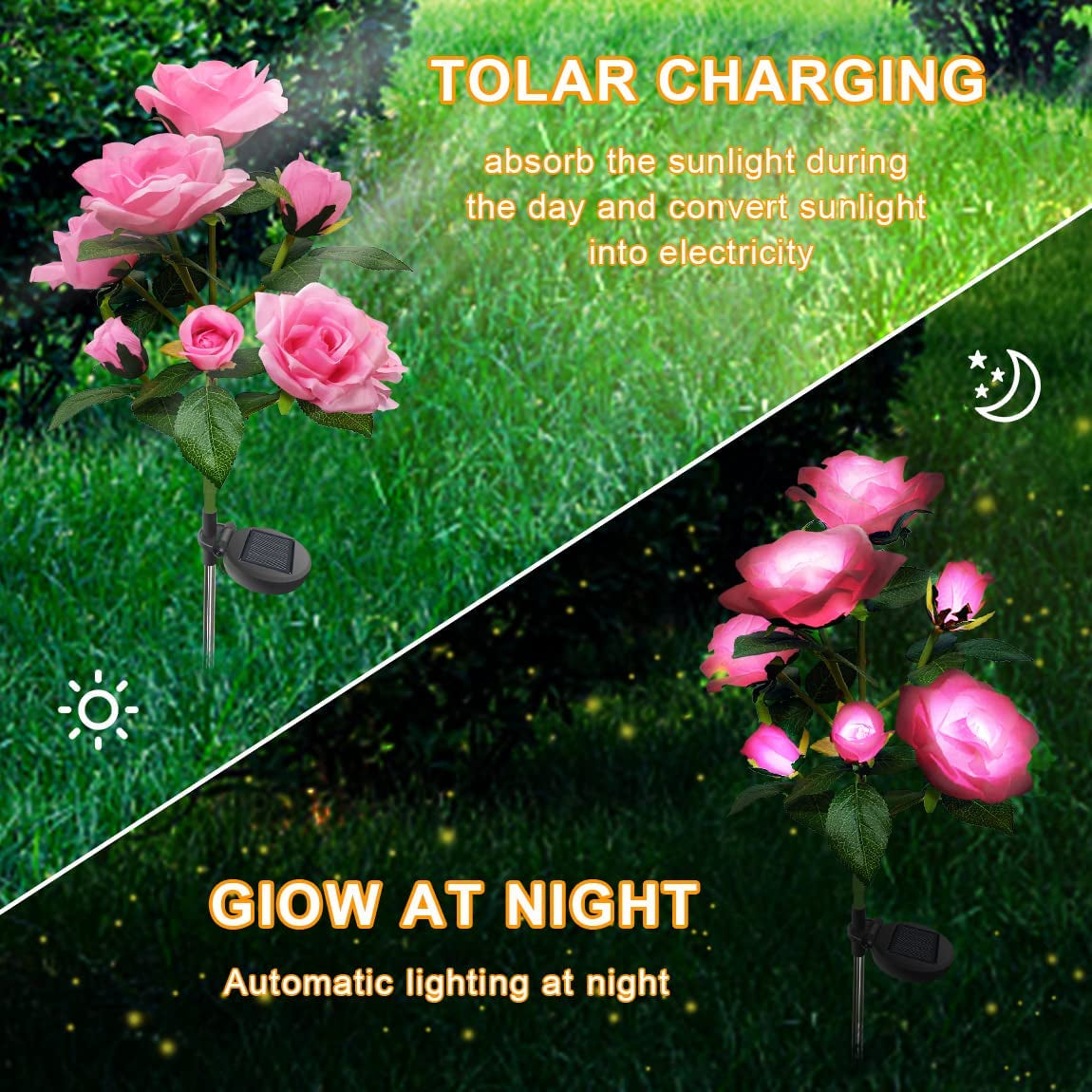 Pink Rose Landscape Solar Pathway Lights,14 Flowers 200 Lumens 70Cm Solar Garden Outdoor Waterproof Lights for Patio Yard Pathway Decoration