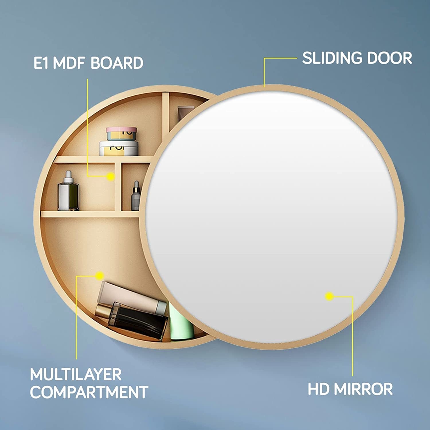 round Mirrored Cabinet Bathroom Medicine Vanity round Wall Mirror Cupboard with Storage Sliding Door Gold 60Cm Diameter