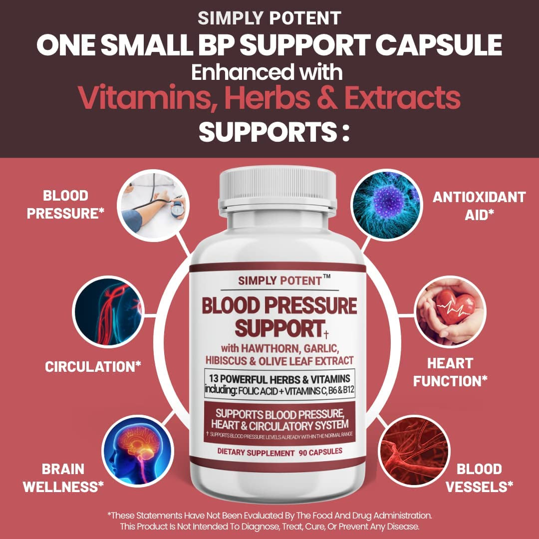 Blood Pressure Support Supplements 90 Capsules - Healthy Heart, Cholesterol, Cardio, Hypertension Vitamins & Herbs - Folic Acid, Vitamins C B6 & B12, Garlic 90 Capsule