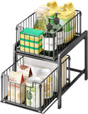 Under Sink Storage 2 Tier Stackable Sliding Basket Organizer Drawer Pull Out Drawer Sliding Basket for Kitchen and Bathroom/Cabinet Drawers,Black