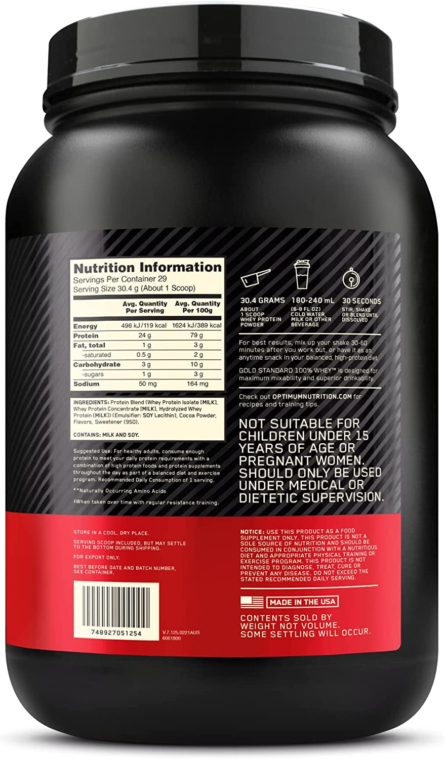 Gold Standard 100% Whey Protein Powder, Double Rich Chocolate, 907G