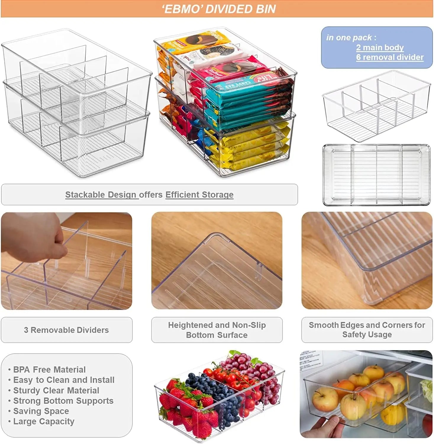 2 Pack Plastic Food Storage Containers Bins, Stackable Bathroom Kitchen Pantry Drawer Makeup Organisers Bins, Food Storage Bag Tea Box, Storage Baskets & Bins, Fridge Storage Organiser Containers (2)