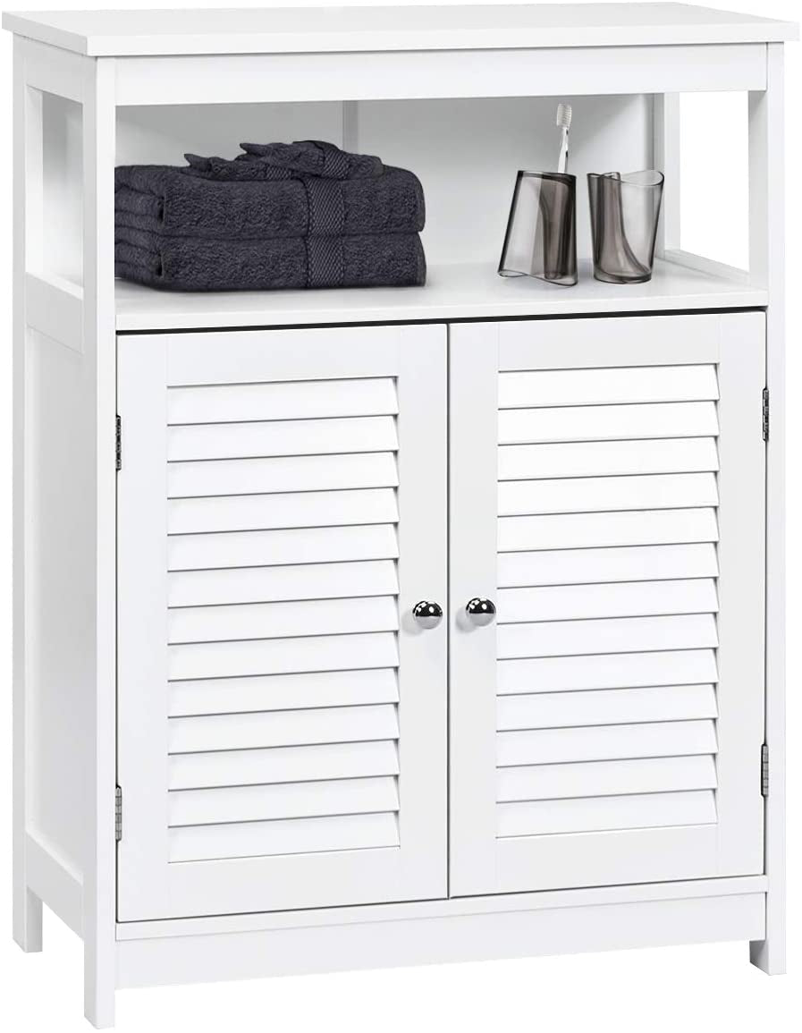 Bathroom Floor Cabinet, Wooden Storage Cabinet with Double Shutter Door & Adjustable Shelf, Freestanding Toilet Organiser, Side Table for Bathroom Living Room Bedroom, Laundry Cupboard, White/Grey (White)