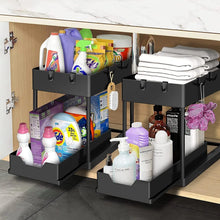 Load image into Gallery viewer, Under Sink Storage - 2 Pack under Sink Organizer - Sliding Drawer Shelf Pull Out with Hooks Cup for Kitchen Bathroom
