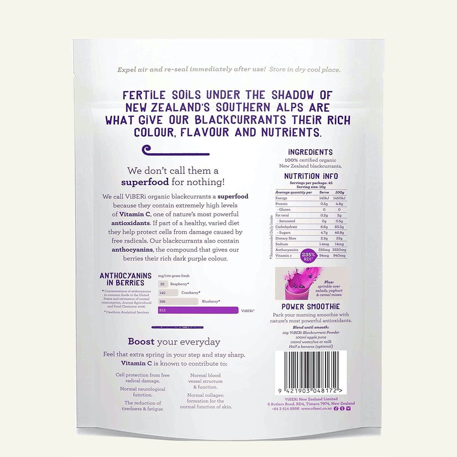 NZ Organic Blackcurrant Powder 450G (Loose Powder) Vitamin C Antioxidants Ideal for Smoothies & Training Plans