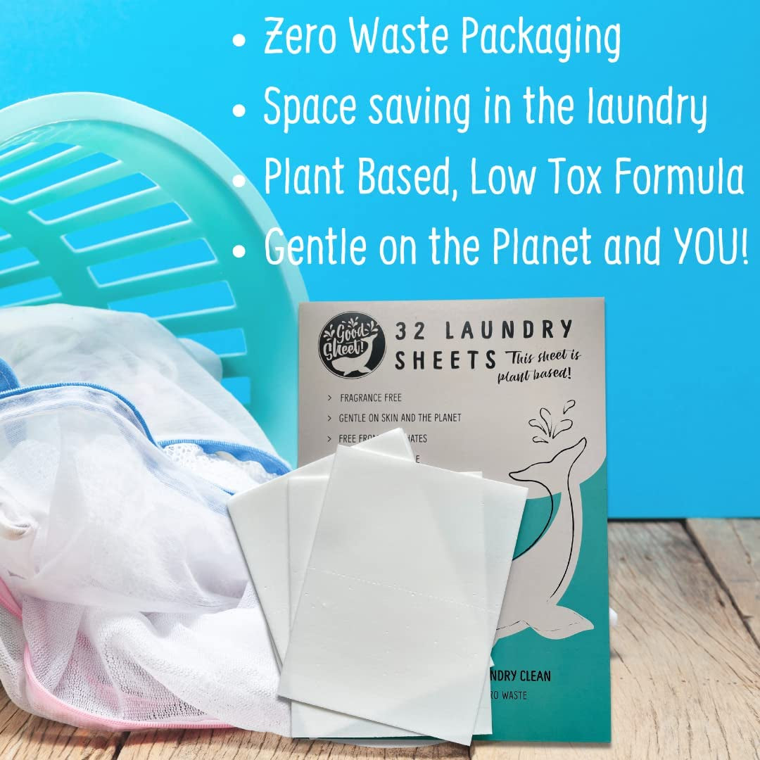 Eco Laundry Detergent Sheets, Fragrance Free, Great for Travel, No Plastic, Totally Plant-Based, 32 Washes, Fully Degradable Laundry Sheet Strips for Washing Clothes