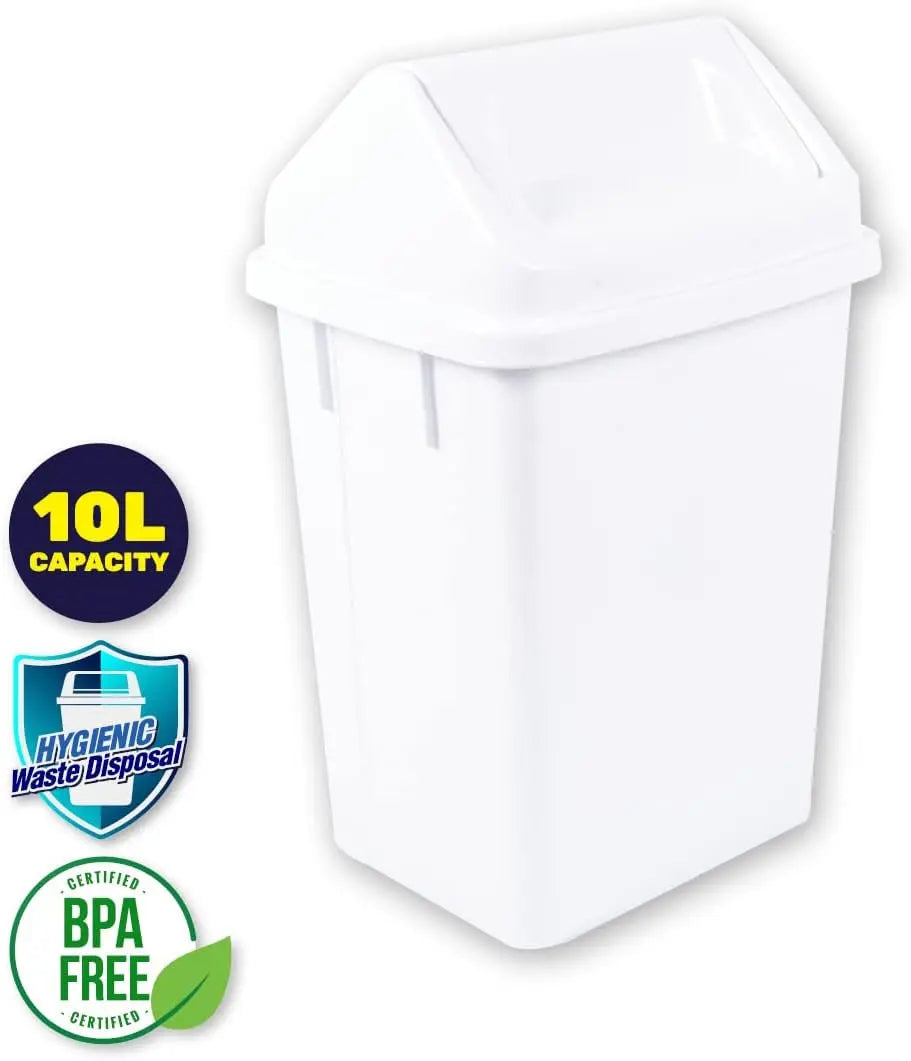 X-Tra Kleen Swing Top Garbage Bin White, 10L Capacity, Controls Odors with Swing Open Lid for Easy Access, Ideal for Home or Office, Compact Design