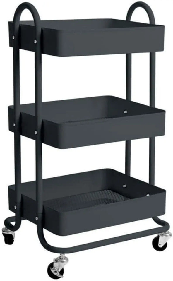 Kitchen Trolley Cart 3 Tier, Steel Storage Shelf Rack Organiser Wheels, Powder-Coated Finish, Max. Weight Capacity 45Kg, Black