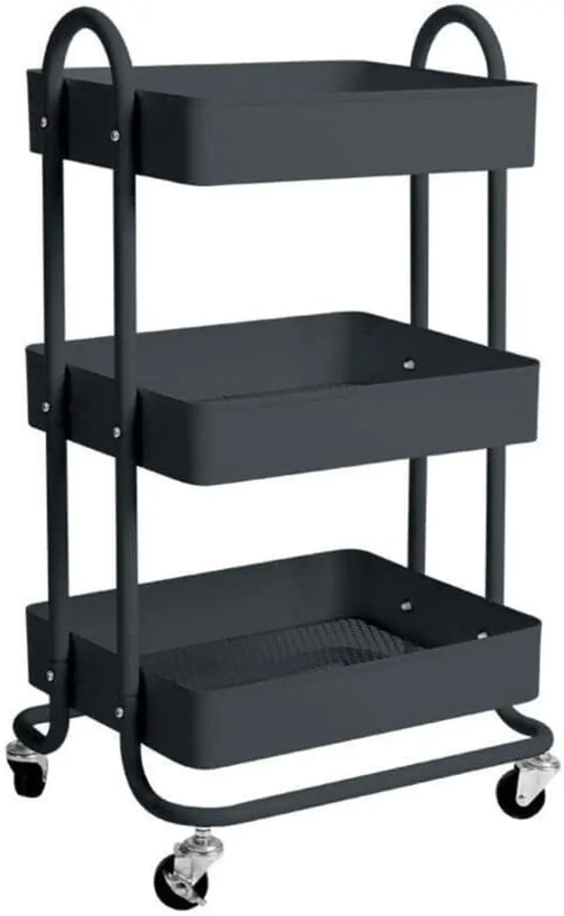 Kitchen Trolley Cart 3 Tier, Steel Storage Shelf Rack Organiser Wheels, Powder-Coated Finish, Max. Weight Capacity 45Kg, Black