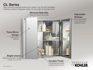CB-CLC3026FS 30" W X 26" H Two-Door Bathroom Medicine Cabinet with Mirror, Recessed or Surface Mount Bathroom Wall Cabinet, Beveled Edges,Silver