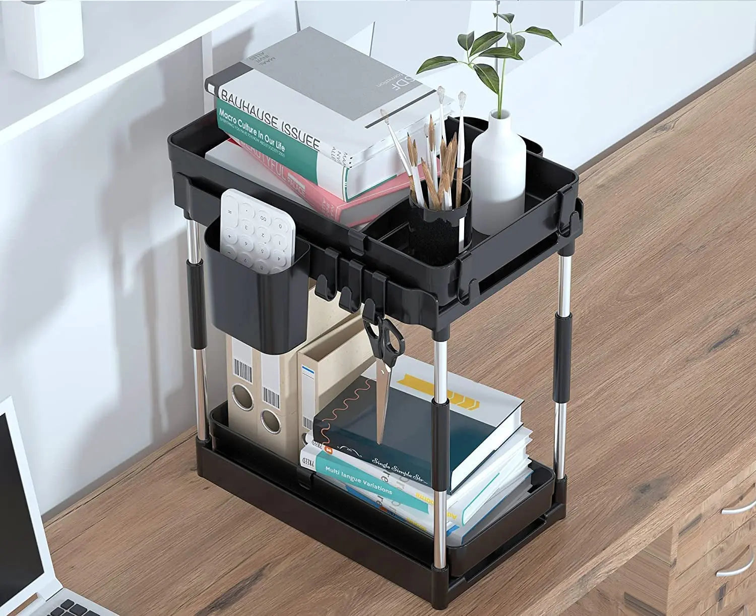 Double Sliding under Sink Organizers and Storage - 2 Tier Pull Out under Kitchen Cabinet Organizer W 4 Hanging Cup,8 Hooks,4 Dividers, under Counter Sink Organization for Bathroom, Adjustable H and W
