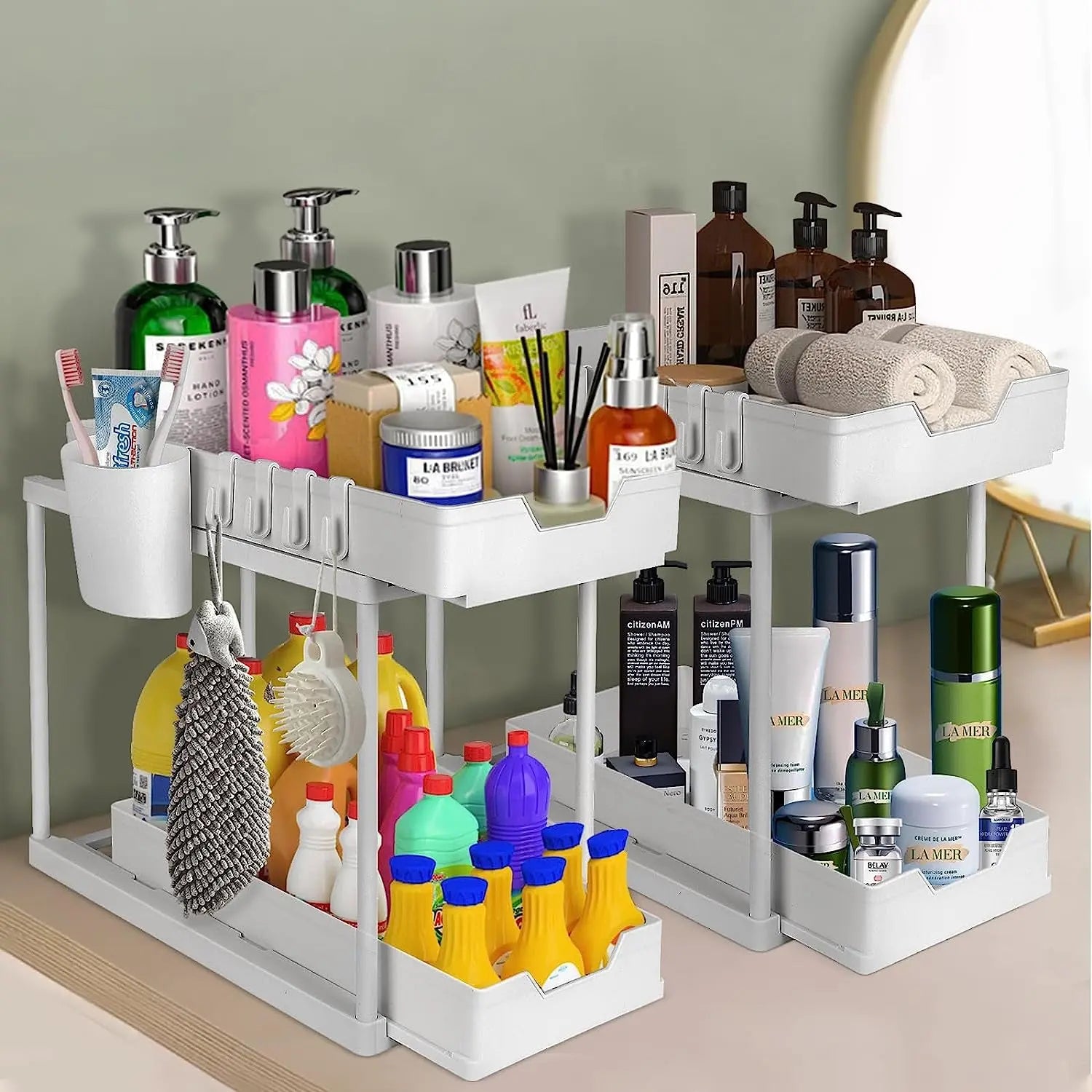 2-Tier Pull Out Sliding Drawer under Sink Storage Organiser for Kitchen Cupboard - Bathroom Organiser Sink Storage for Laundry Storage & Organisation (2 Pack)