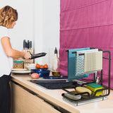 Kitchen Sink Caddy Organiser with Removal Drainage Tray, Metal Countertop Sponge & Soap Holder, Dishcloth Towel Hanger- Free Standing or Wall-Mounted (Black)