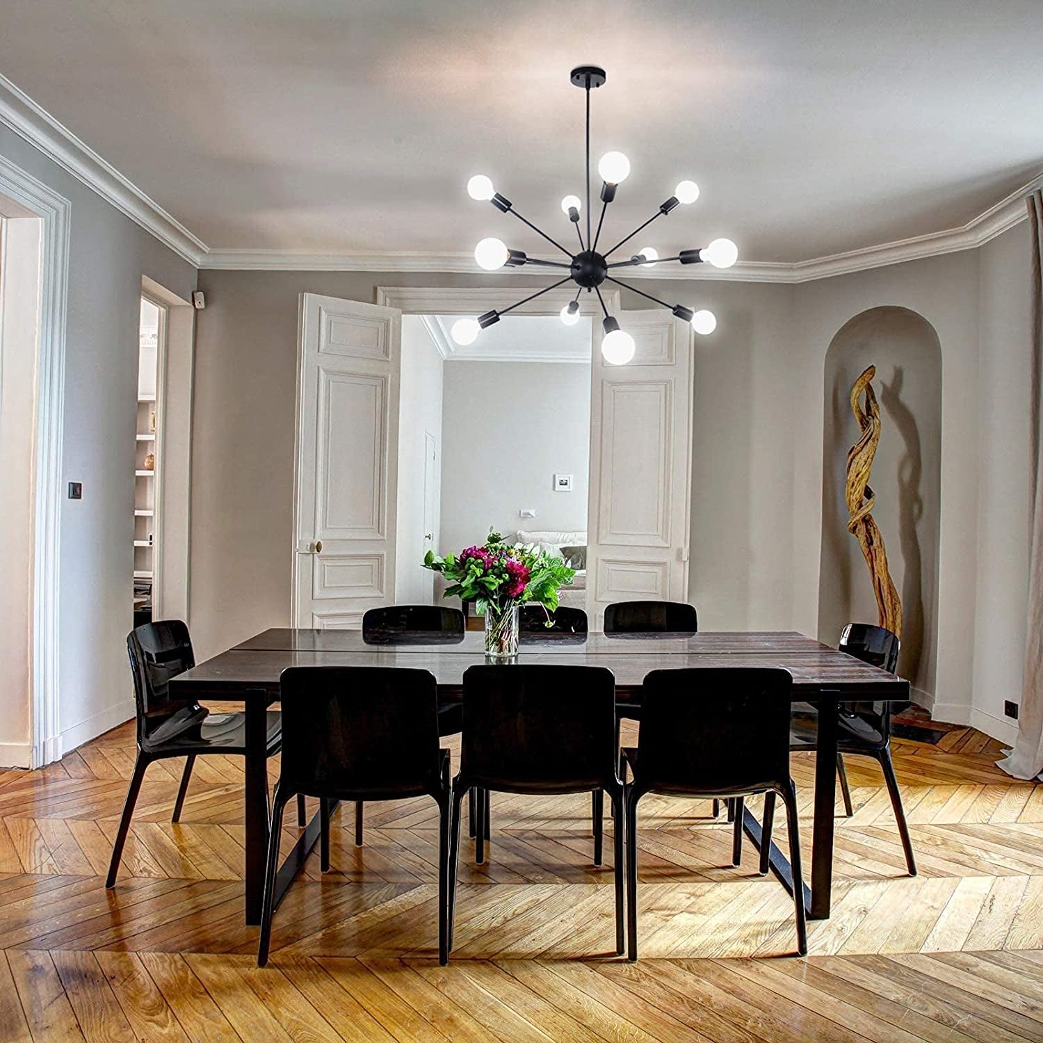 Matte Black Sputnik Chandelier 12 Lights Adjustable Modern Chandeliers for Dining Room Ceiling Lighting Fixtures Hanging Vintage Industrial Pendant Lighting for Kitchen Island Hallway Bedroom