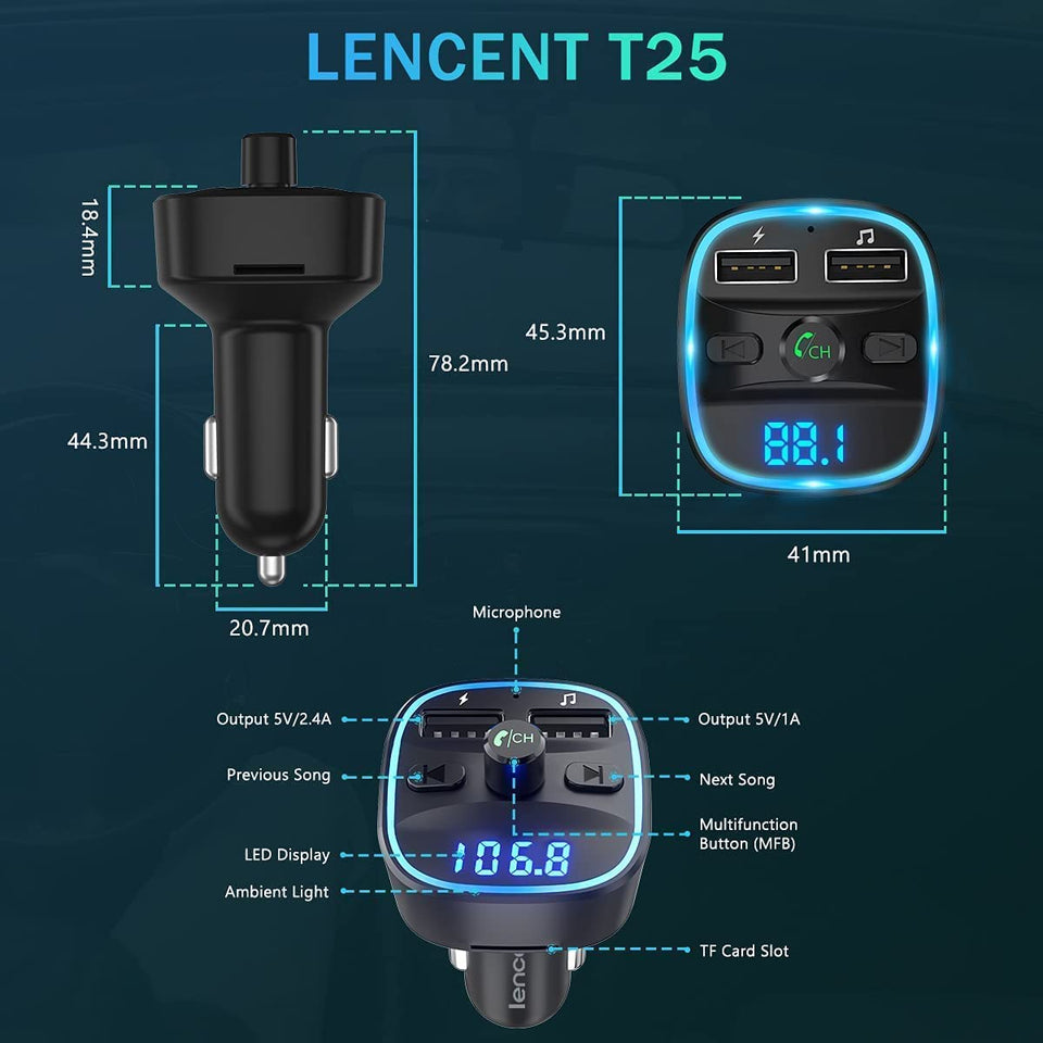 FM Transmitter, Bluetooth FM Transmitter Wireless Radio Adapter Car Kit with Dual USB Charging Car Charger MP3 Player Support TF Card & USB Disk
