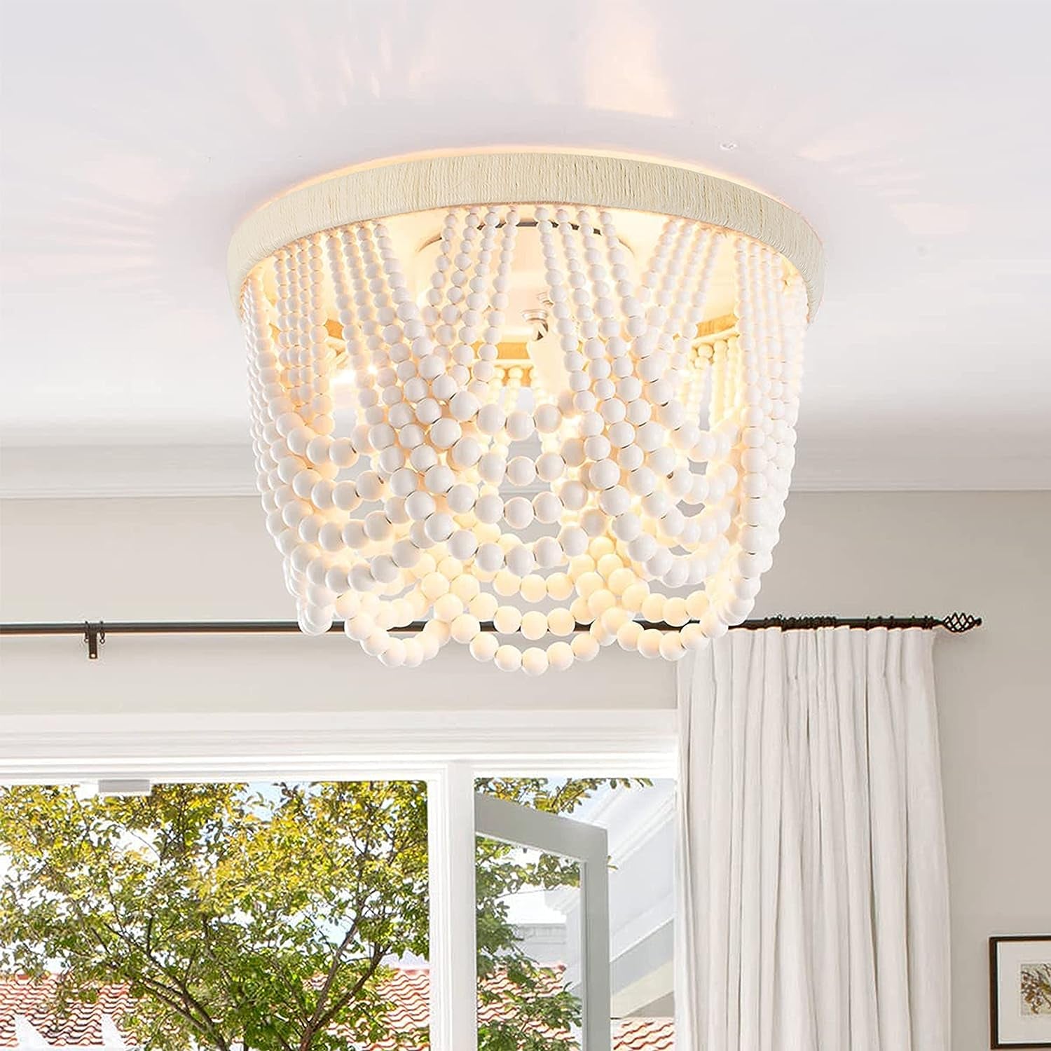Bohemia Wood Beaded Chandelier Flush Mount Ceiling Light,Farmhouse Antique White with Hemp Rope Mini Pendant Light Fixture for Bedroom,Hallway, Entryway, Passway, Dining Room,3-Light