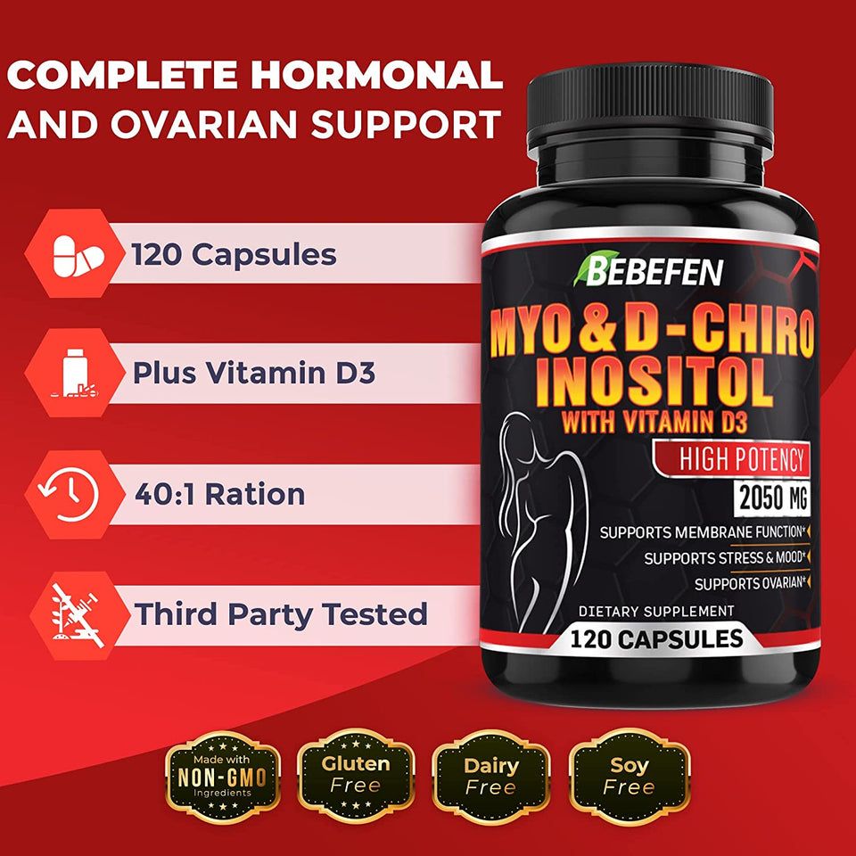 𝐌𝐲𝐨-𝐈𝐧𝐨𝐬𝐢𝐭𝐨𝐥 & 𝐃-𝐂𝐡𝐢𝐫𝐨 Inositol Blend Capsule | Most Beneficial 𝟒𝟎:𝟏 Ratio | Hormone Balance & Healthy Ovarian Support for Women | Vitamin 𝐃𝟑 | 𝟏𝟐𝟎 Inositol Supplement Caps