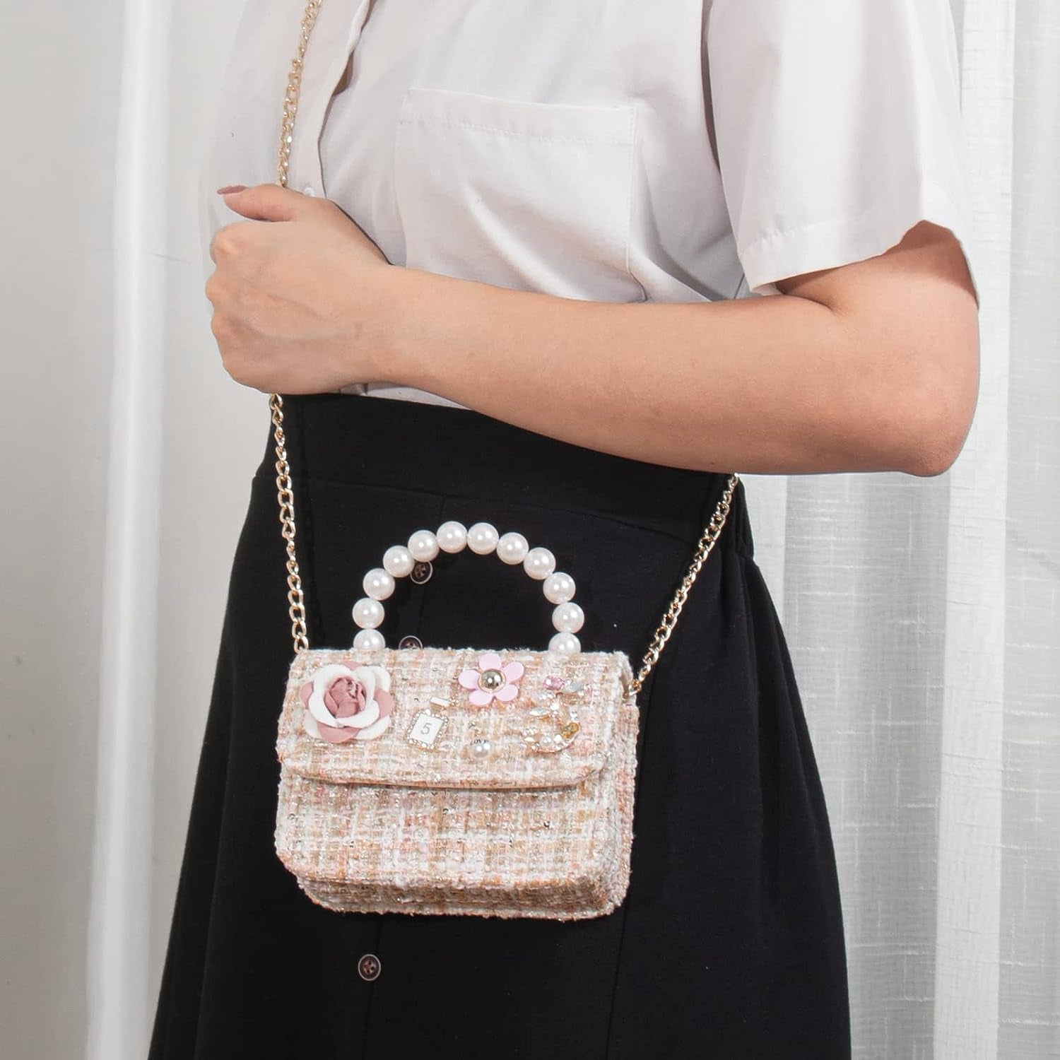 Little Girls Princess Purses Cute Crown Crossbody Bag Handbag with Pearl Handle for Kids Toddler