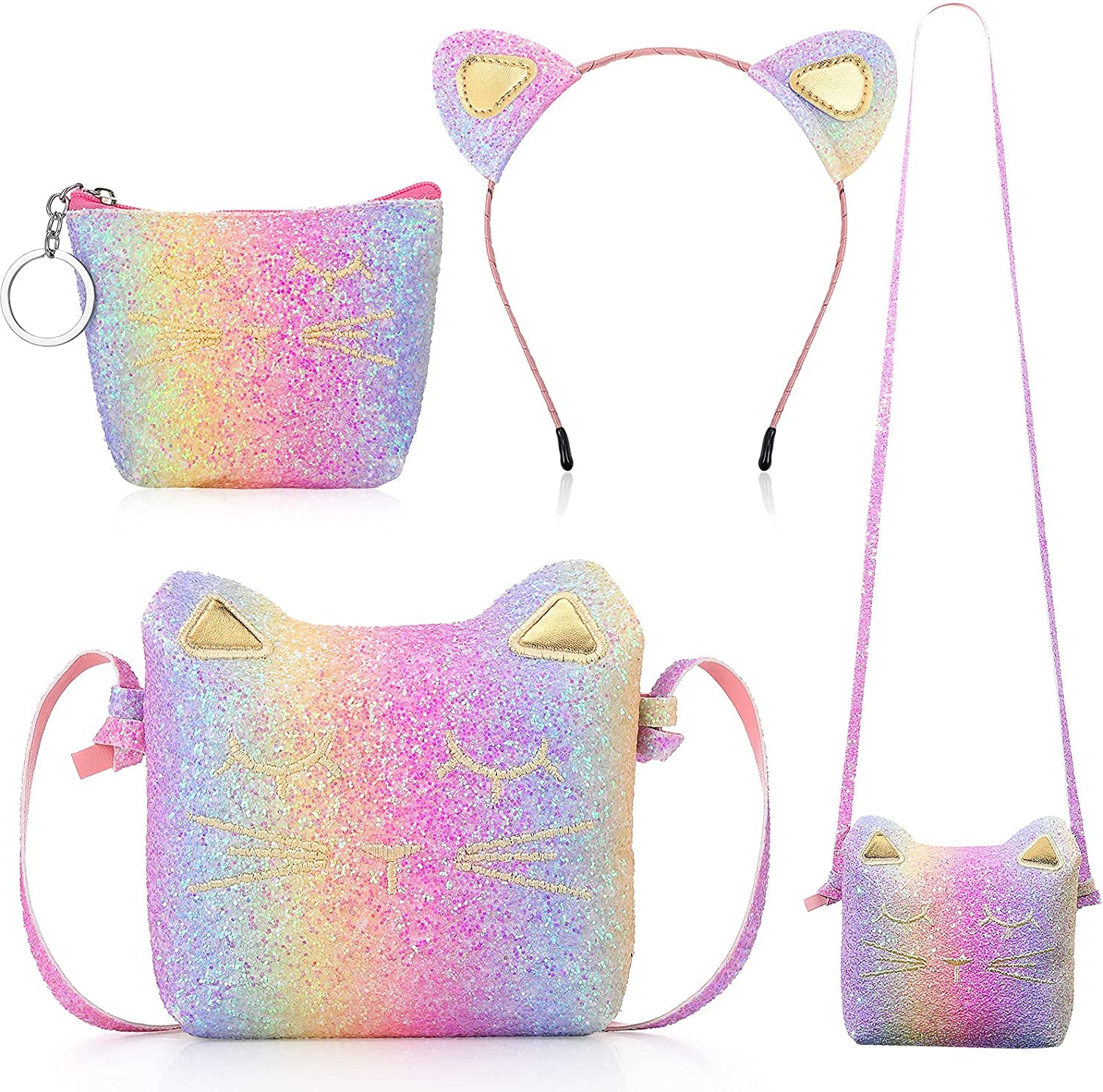 3 Pcs Cat Shoulder Bag Set, Cute Hand Bags Handbag with Mini Coin Purse Cat Headband for Christmas Girl Birthday, Glitter Rainbow Color