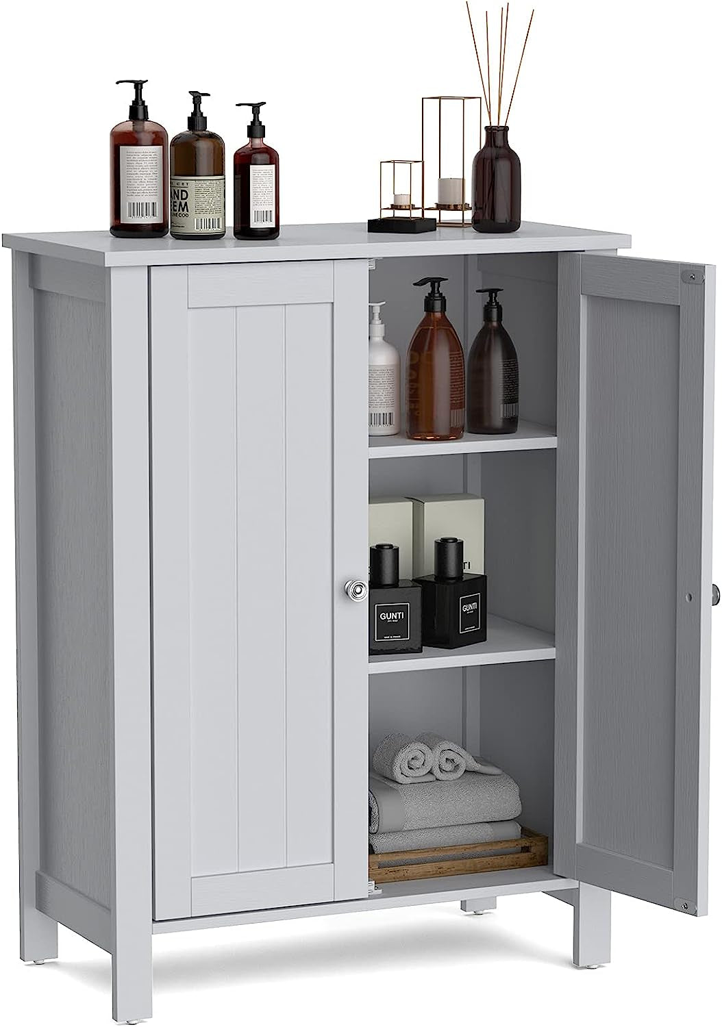 Bathroom Floor Storage Cabinet, Free Standing Storage Organizer, with Double Door, Adjustable Shelf, Modern Home Furniture, 60Cm X 30Cm X 80Cm (Grey)